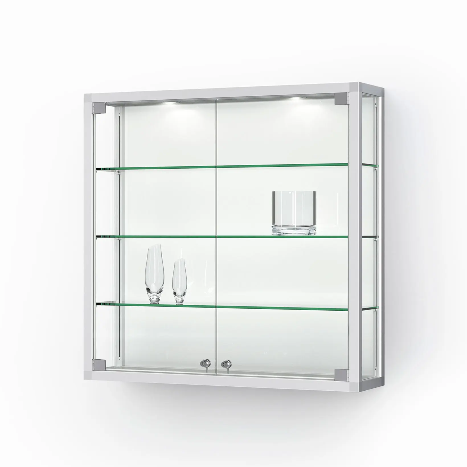 Vitrinenschrank, Glasregal, Metallrahmen, Glasböden, Schrank mit Türen, Glasvitrine, Wandvitrine, Glasschrank, Regal mit Glasböden, Schrank Front aus Glas